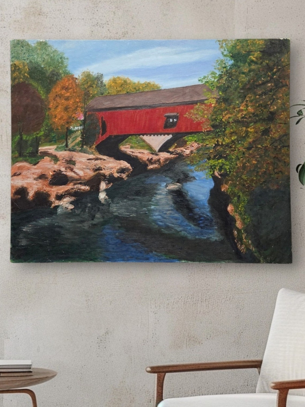 1965 Fall Scene Covered Bridge Artist Oil Painting 20"x16" Wall Decor